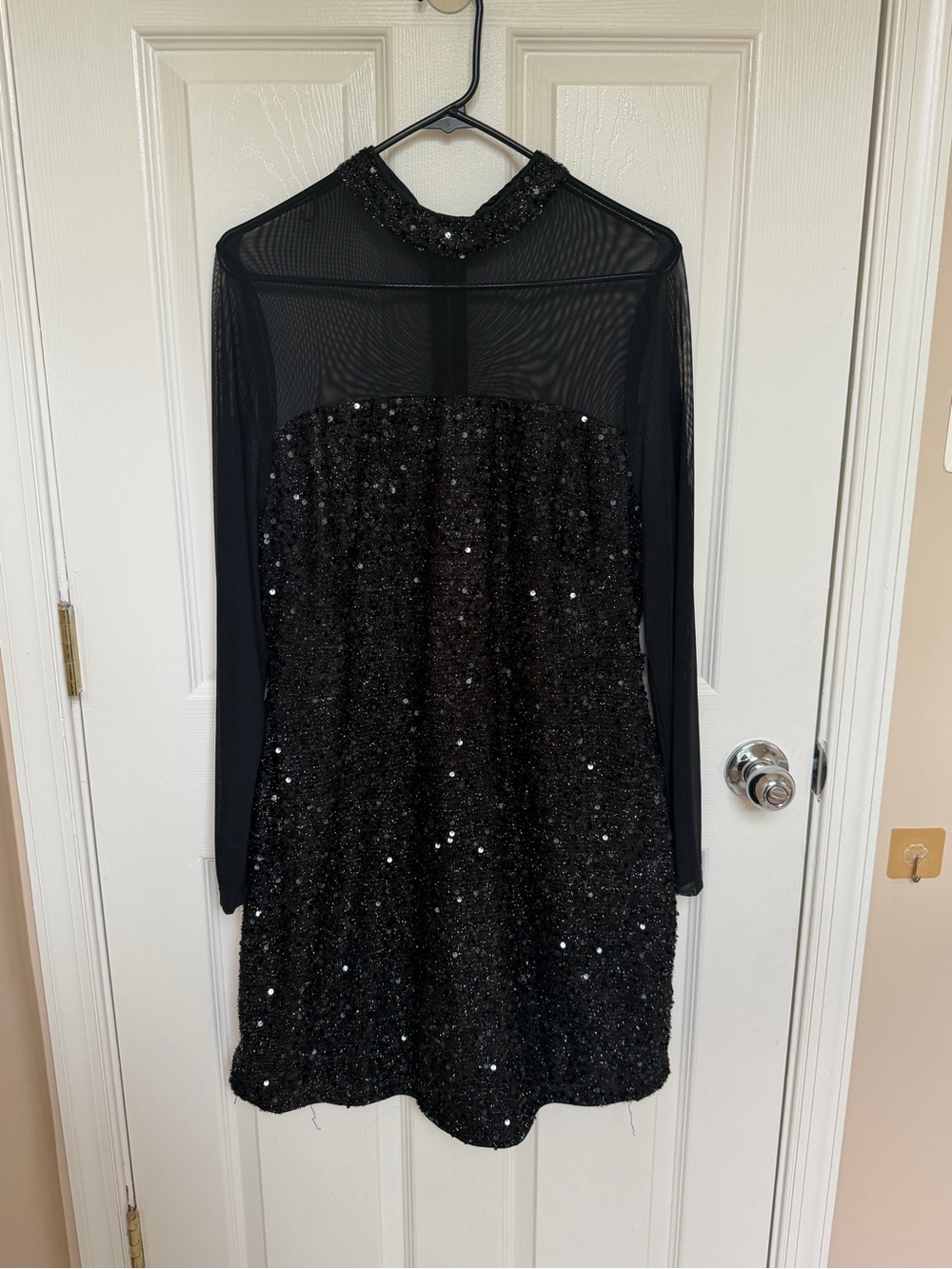 SHEIN Black Sequin Mesh Yoke Long Sleeve Mini Dress